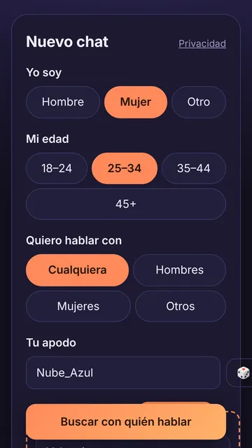 Pantalla de preferencias del chat aleatorio con filtros de género, edad e idioma